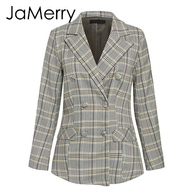 JaMerry Vintage plaid double breasted women blazer suit set Long sleeve office lady pant suits Casual streetwear trouser suit