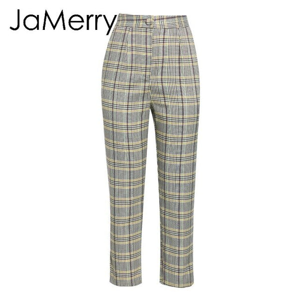 JaMerry Vintage plaid double breasted women blazer suit set Long sleeve office lady pant suits Casual streetwear trouser suit