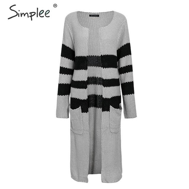 Simplee Vintage striped knitted cardigan women 2019 Autumn winter long sweater female Casual pockets loose lady beige cardigans