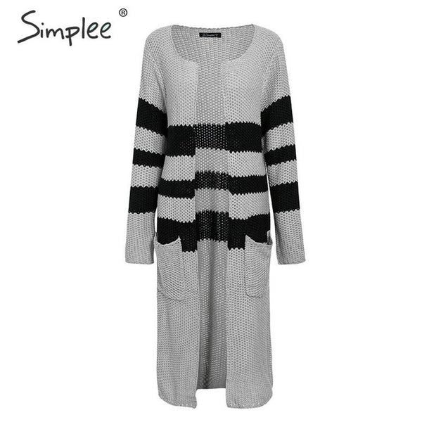 Simplee Vintage striped knitted cardigan women 2019 Autumn winter long sweater female Casual pockets loose lady beige cardigans