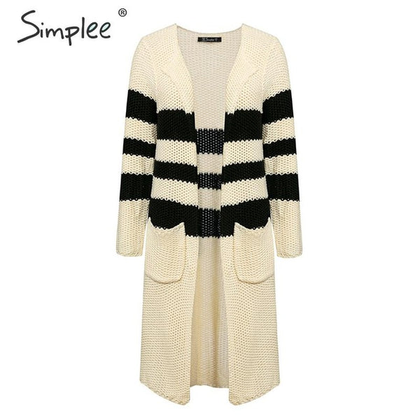 Simplee Vintage striped knitted cardigan women 2019 Autumn winter long sweater female Casual pockets loose lady beige cardigans