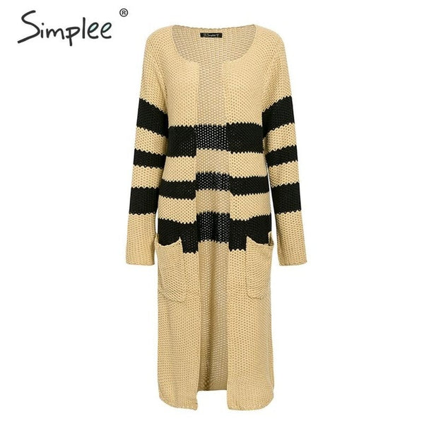 Simplee Vintage striped knitted cardigan women 2019 Autumn winter long sweater female Casual pockets loose lady beige cardigans