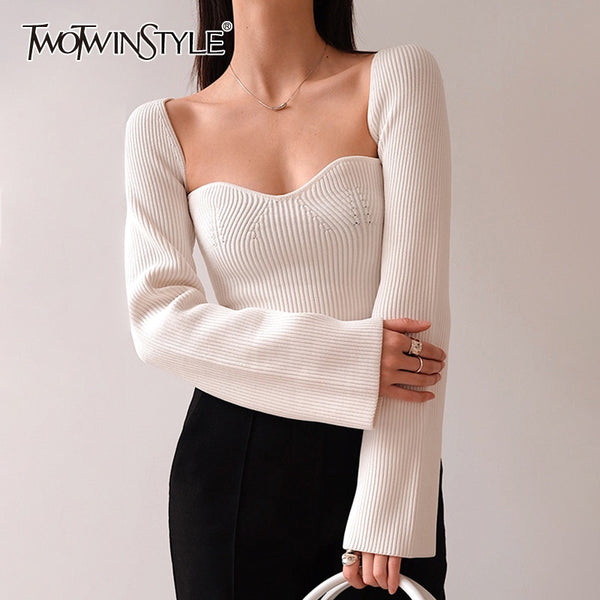 TWOTWINSTYLE Elegant Side Split Knitted Women's Sweater Square Collar Long Sleeve Sexy Sweaters Female Fashion New 2020 Clothing