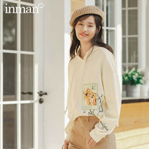 INMAN 2020 Spring New Arriavl Literary Cute Cat Printed Fasion Loose Hoodie