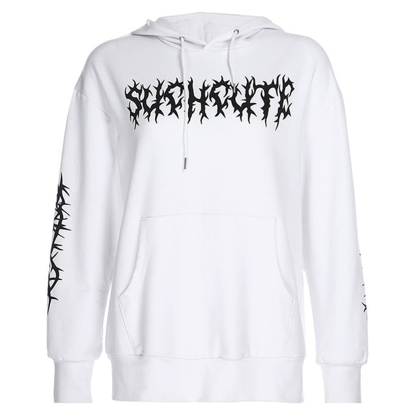 Rapwriter Gothic Thorns Print Drawstring Oversized White Hoodie Women 2020 Casual Loose Sweatshirt Long Sweatshirt Pullover Top