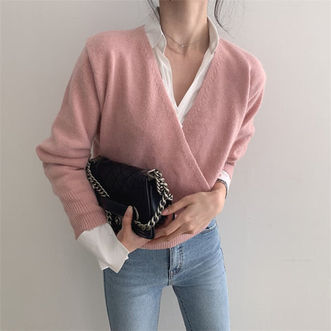 HziriP Hot Loose Elegance Solid All Match Office Lady 2020 Spring V-Neck Gentle Women High Waist Knitted Jumpers Chic Sweaters