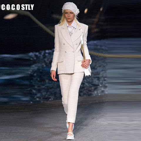 Women white Slim Tweed Blazer Pant Suits Female suit dress Women's Business Office Tweed Jacket+Pants Ladies Suit Set